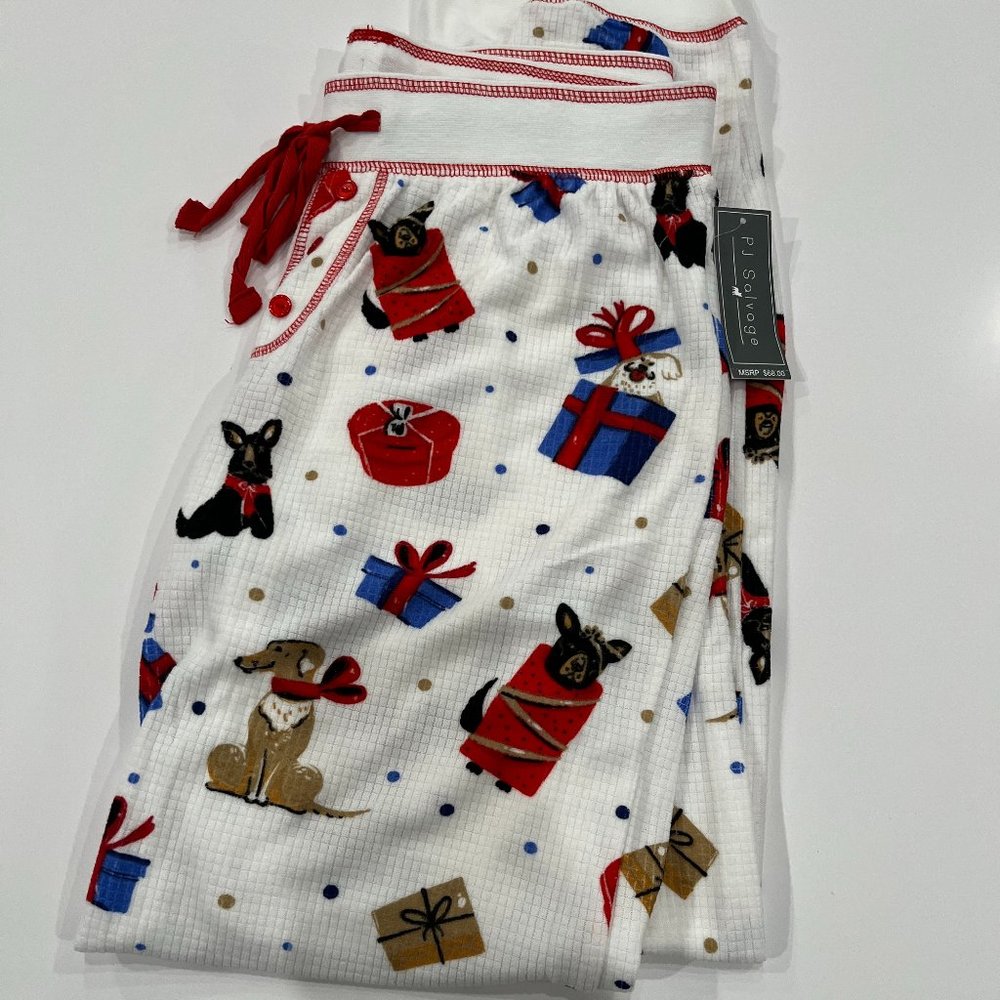 $68 PJ Salvage Christmas Dog Puppy Present Lounge Pajama Bottom Pants
